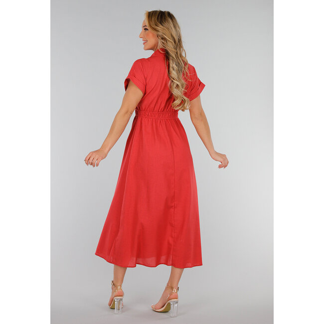 Korallenrotes Midi-Knopfkleid mit Kragen und Leinenoptik