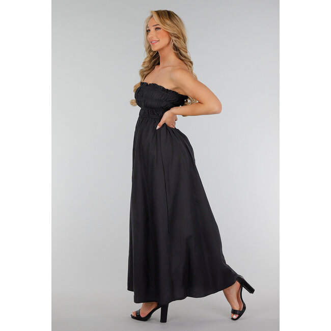 Schwarzes trägerloses Maxikleid mit gesmoktem Oberteil und A-Linien-Rock