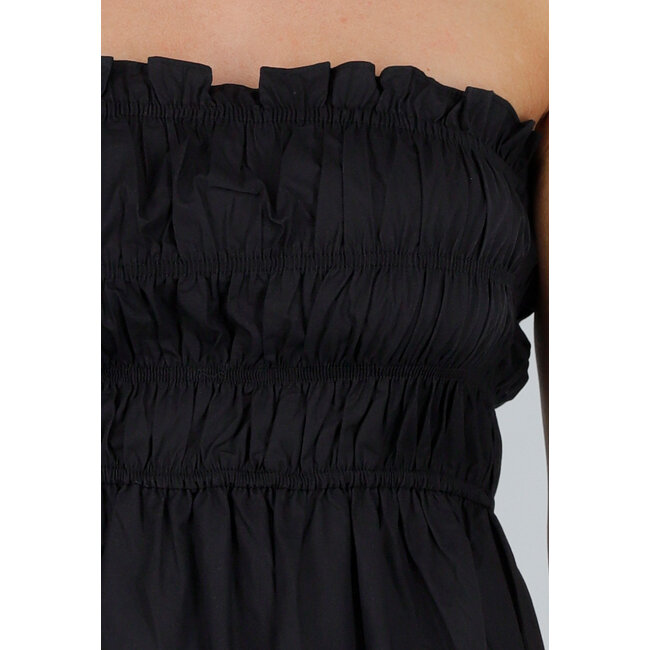 Schwarzes trägerloses Maxikleid mit gesmoktem Oberteil und A-Linien-Rock