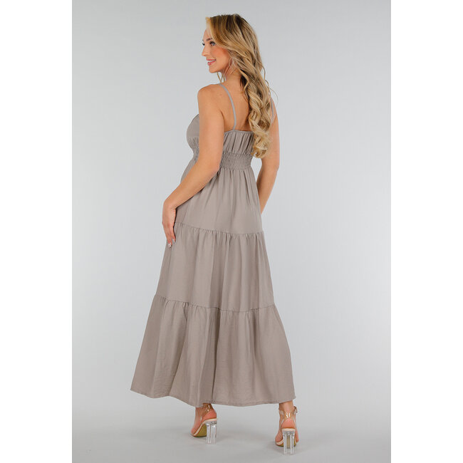 Graues Maxikleid mit Schlitz, Spaghetti-Trägern und Stretch-Taille