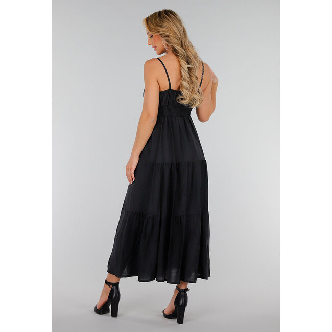 Schwarzes Maxikleid mit Schlitz, Spaghetti-Trägern und Stretch-Taille