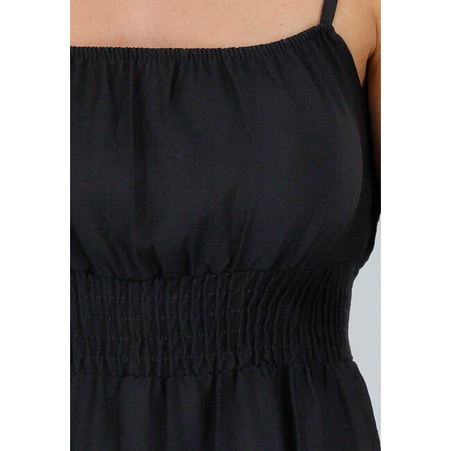 Schwarzes Maxikleid mit Schlitz, Spaghetti-Trägern und Stretch-Taille