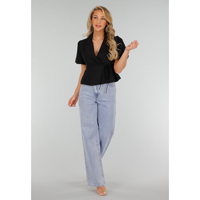 Hellblaue High-Waist-Stretch-Jeans mit weitem, geradem Bein