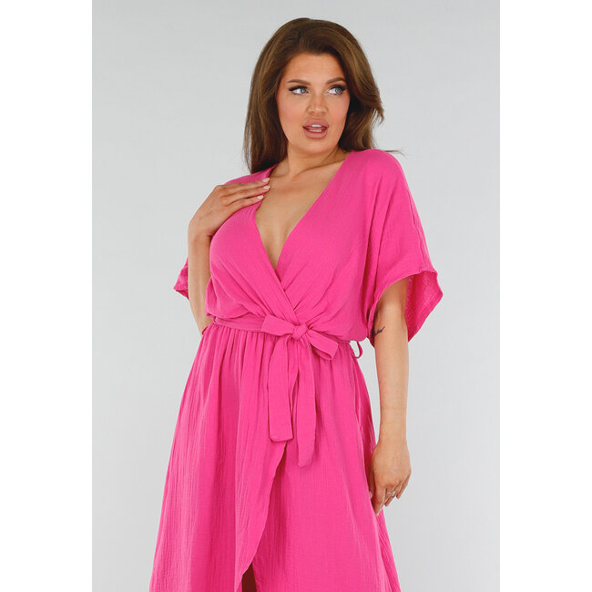 Fuchsiafarbenes Midikleid mit V-Ausschnitt, Schleifengürtel und Overslag