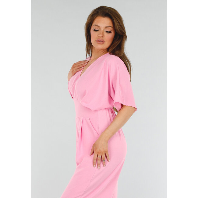 Rosa Jumpsuit mit V-Ausschnitt, weiten Beinen und offenem Rücken
