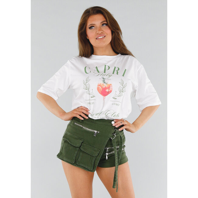 Weißes Baumwoll-T-Shirt in Übergröße mit Cocktail-Print