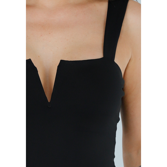 Schwarzer Bodysuit mit breiten Trägern und V-Ausschnitt