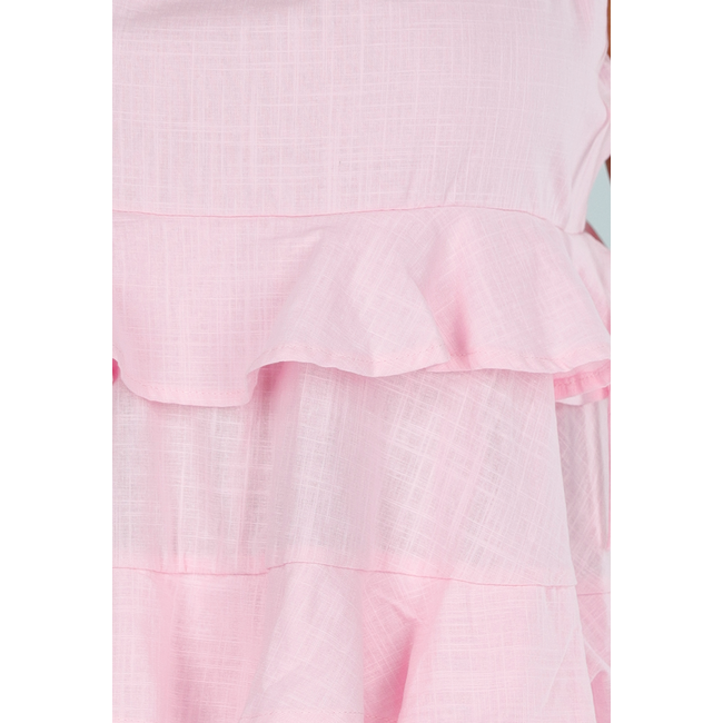 Rosa Minikleid mit Rüschen und Leinenoptik und Schleifenbändern