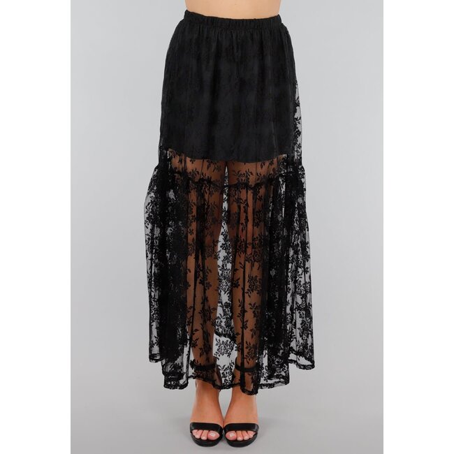 Schwarzer Spitzen-Maxirock mit transparentem Floral-Muster