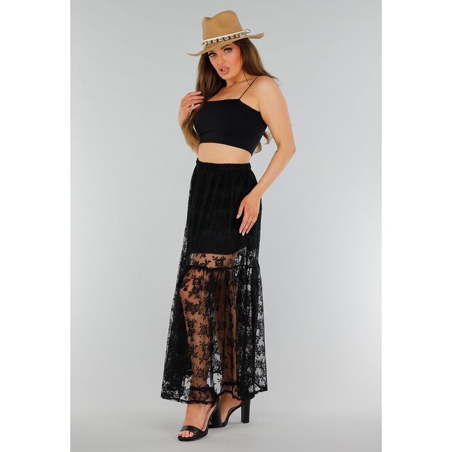 Schwarzer Spitzen-Maxirock mit transparentem Floral-Muster