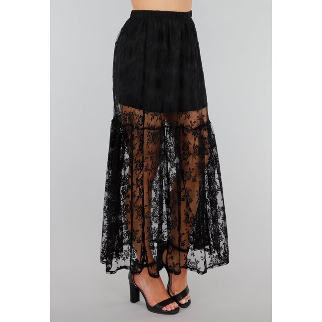 Schwarzer Spitzen-Maxirock mit transparentem Floral-Muster