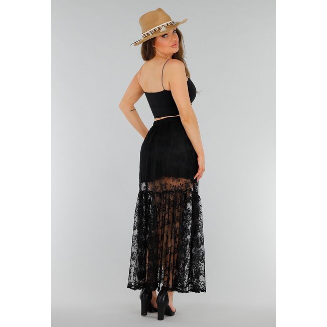 Schwarzer Spitzen-Maxirock mit transparentem Floral-Muster