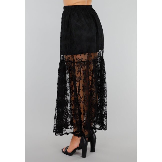 Schwarzer Spitzen-Maxirock mit transparentem Floral-Muster