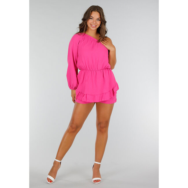 Fuchsiafarbener Playsuit aus Baumwolle mit Rüschen und One-Shoulder