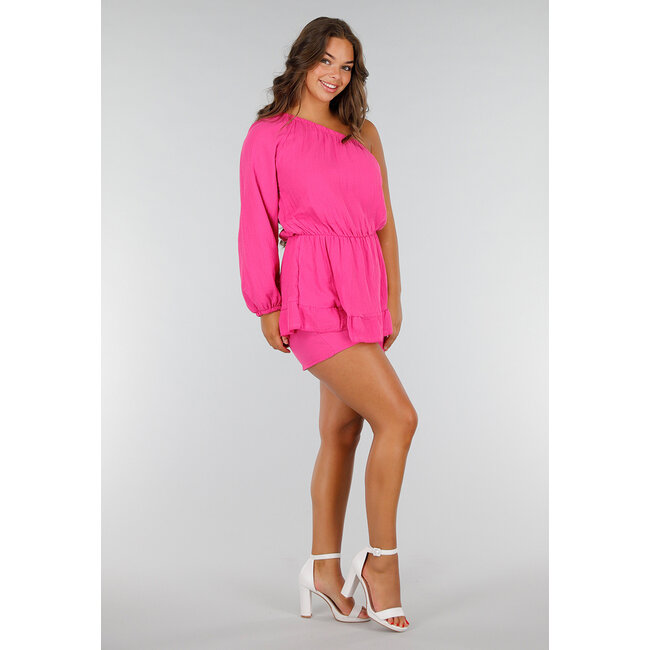 Fuchsiafarbener Playsuit aus Baumwolle mit Rüschen und One-Shoulder