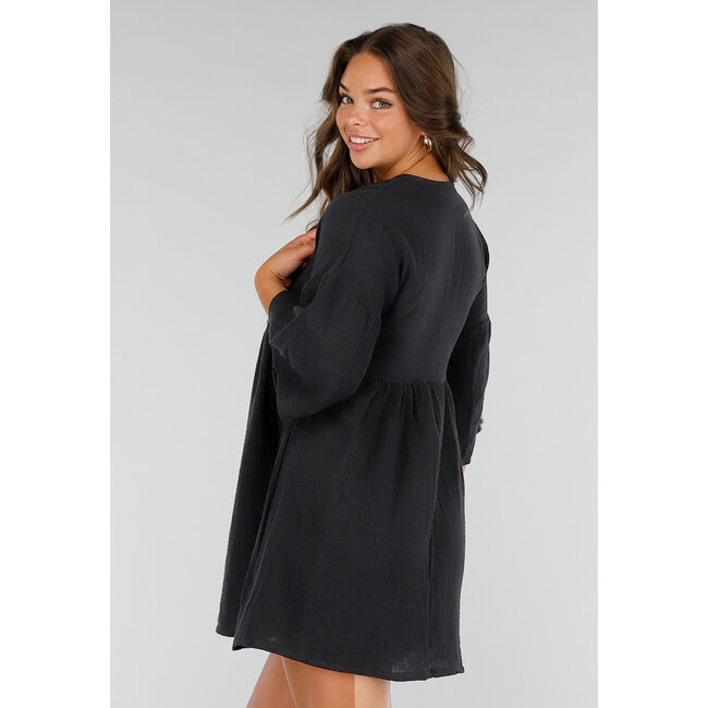 Schwarzes Musselin-Kleid mit V-Ausschnitt, Schleifendetail und Leinenoptik