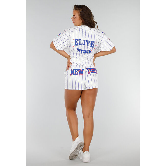 Weißes gestreiftes Stretch-Set mit Sportaufdruck und Knopfverschluss