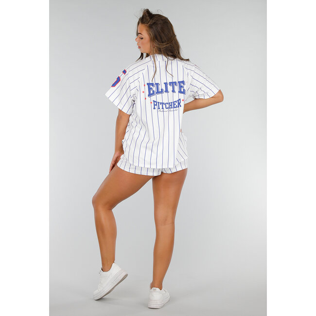 Weißes gestreiftes Stretch-Set mit Sportaufdruck und Knopfverschluss