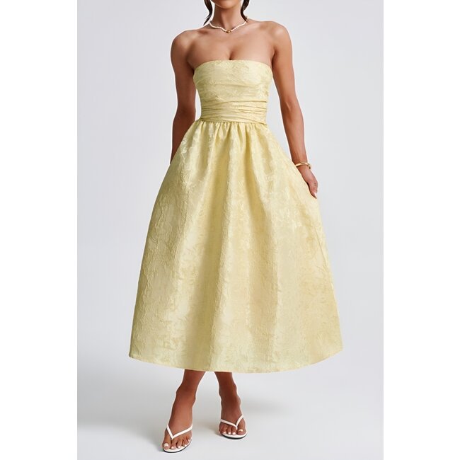 Trägerloses Midikleid in Buttergelb mit Jacquard-Optik