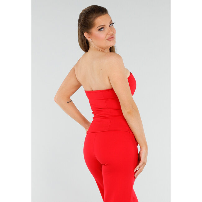 Rotes trägerloses Korsett-Top mit Knopfleiste, Plissee und Paspeltaschen