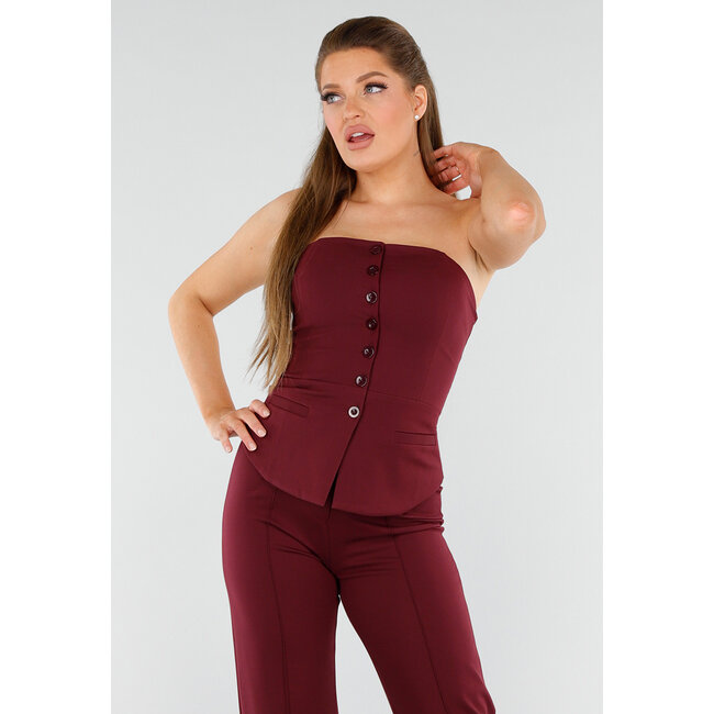 Bordeauxfarbenes trägerloses Korsett-Top mit Knöpfen und Westen-Look