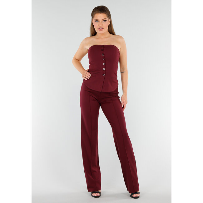 Bordeauxfarbenes trägerloses Korsett-Top mit Knöpfen und Westen-Look