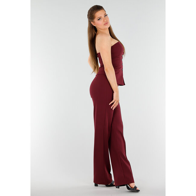 Bordeauxfarbenes trägerloses Korsett-Top mit Knöpfen und Westen-Look