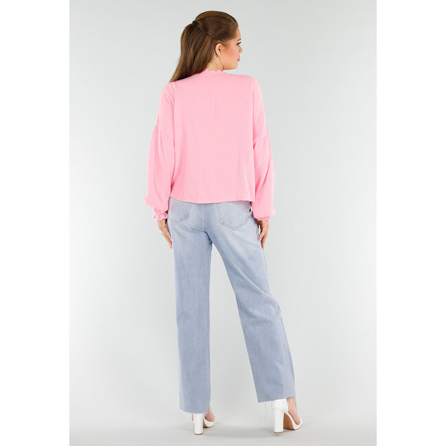 Rosa Bluse mit Herz-Taschen und Knopfleiste