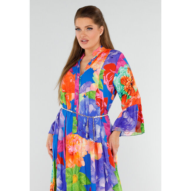 Mehrfarbiges Maxikleid mit Knopfverschluss und großem Blumendruck