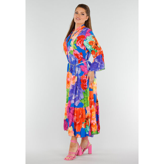 Mehrfarbiges Maxikleid mit Knopfverschluss und großem Blumendruck