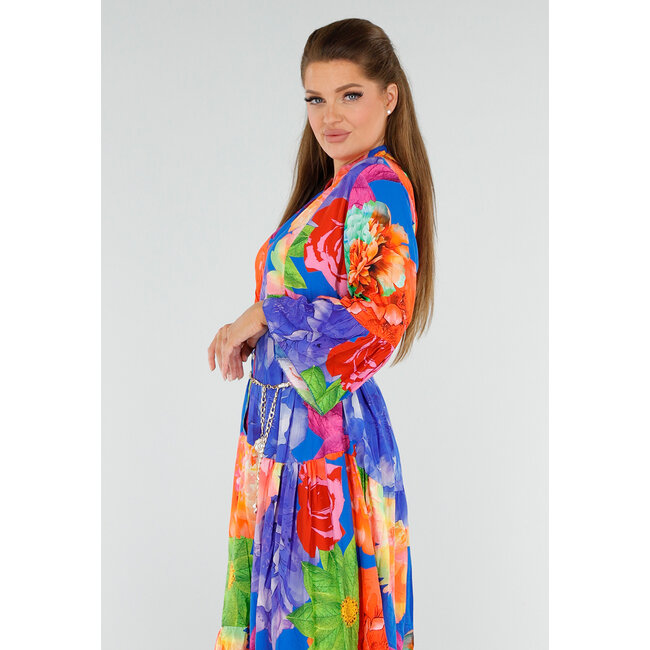 Mehrfarbiges Maxikleid mit Knopfverschluss und großem Blumendruck
