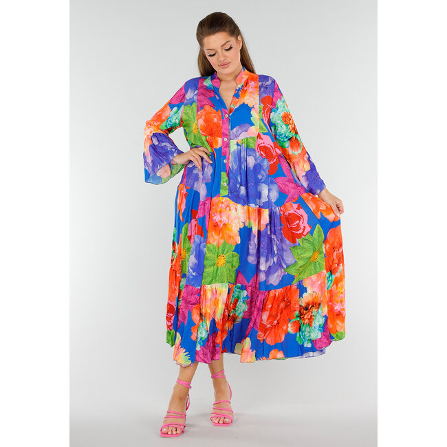 Mehrfarbiges Maxikleid mit Knopfverschluss und großem Blumendruck