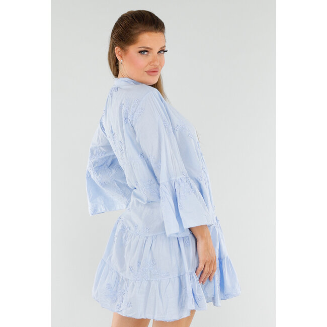 Babyblaues Baumwollkleid mit Knöpfen, Stickerei und Volant