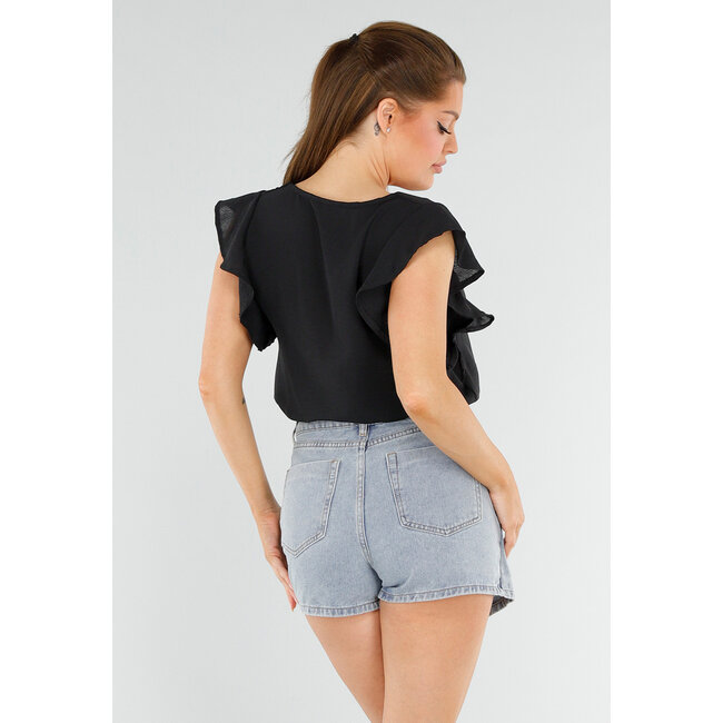Schwarze Bluse mit V-Ausschnitt und Rüschen an den Ärmeln