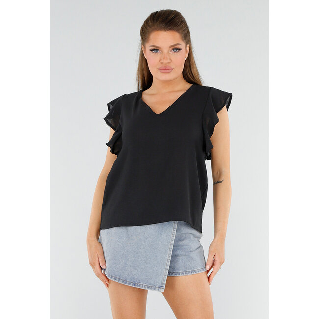 Schwarze Bluse mit V-Ausschnitt und Rüschen an den Ärmeln