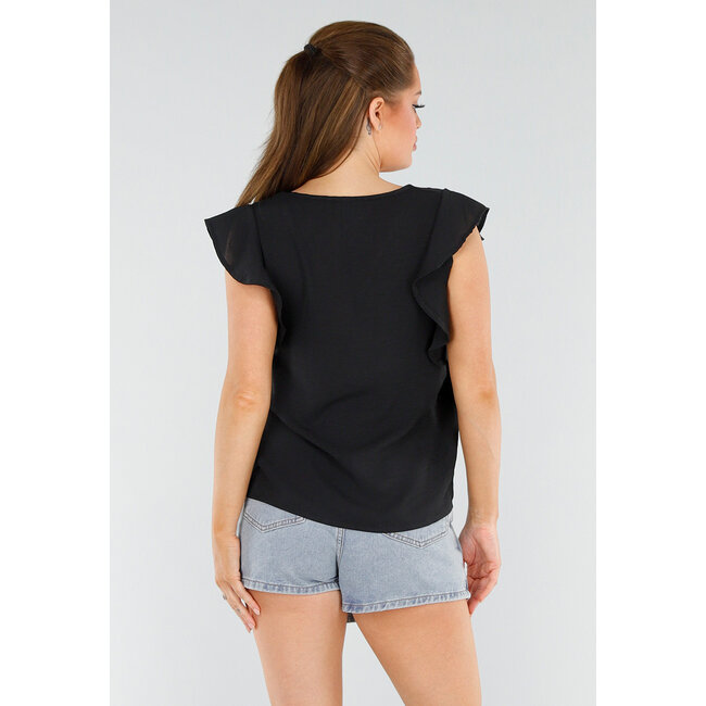 Schwarze Bluse mit V-Ausschnitt und Rüschen an den Ärmeln