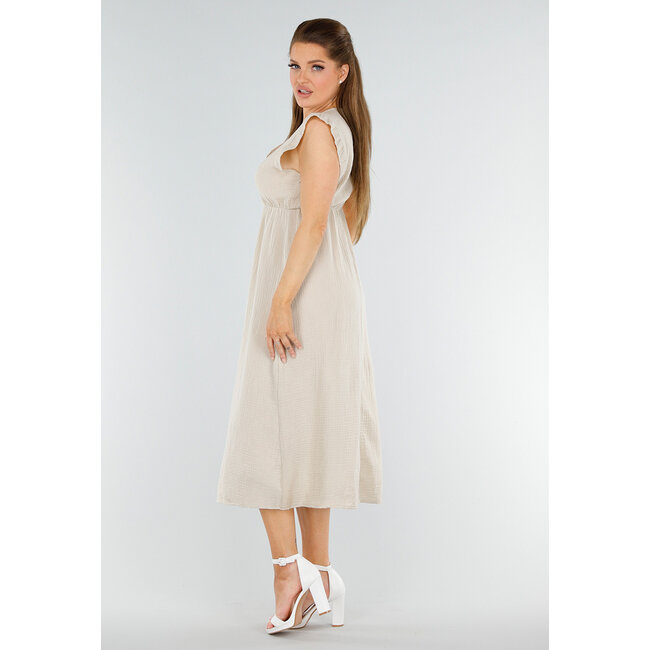 Beigefarbenes Midikleid in Leinenoptik mit Rüschen und V-Ausschnitt