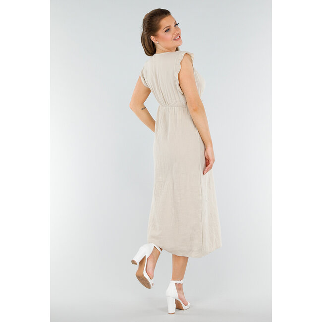 Beigefarbenes Midikleid in Leinenoptik mit Rüschen und V-Ausschnitt