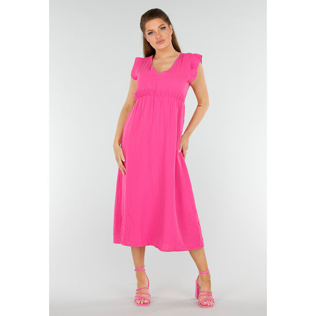 Fuchsiafarbenes Midikleid in Leinenoptik mit Rüschen und V-Ausschnitt