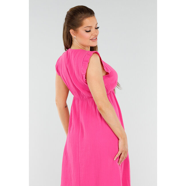 Fuchsiafarbenes Midikleid in Leinenoptik mit Rüschen und V-Ausschnitt