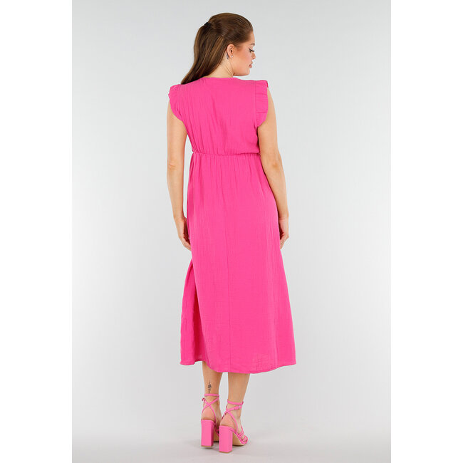 Fuchsiafarbenes Midikleid in Leinenoptik mit Rüschen und V-Ausschnitt