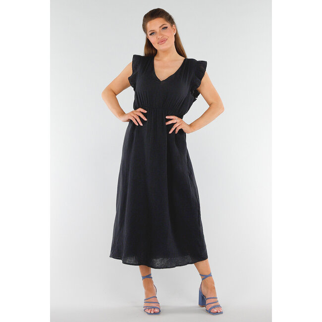 Schwarzes Midikleid in Leinenoptik mit V-Ausschnitt und gerüschten Ärmeln