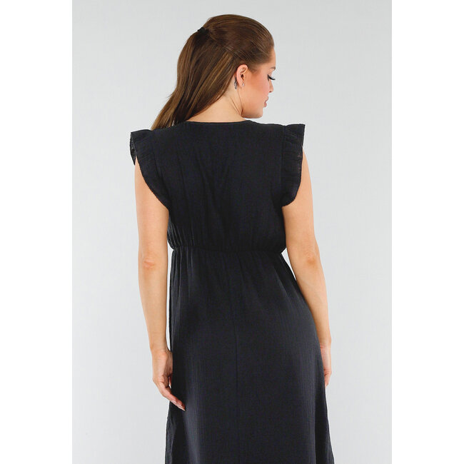 Schwarzes Midikleid in Leinenoptik mit V-Ausschnitt und gerüschten Ärmeln