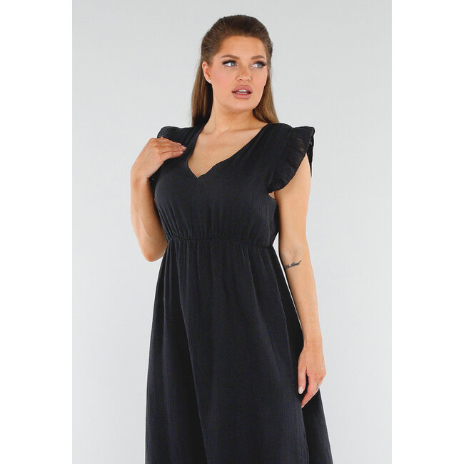 Schwarzes Midikleid in Leinenoptik mit V-Ausschnitt und gerüschten Ärmeln