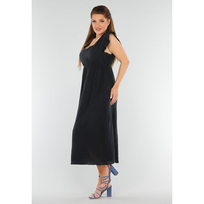 Schwarzes Midikleid in Leinenoptik mit V-Ausschnitt und gerüschten Ärmeln