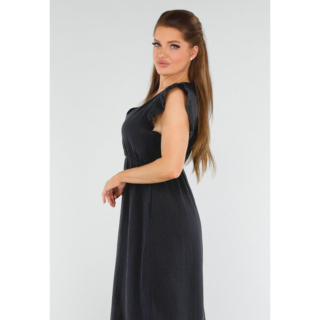 Schwarzes Midikleid in Leinenoptik mit V-Ausschnitt und gerüschten Ärmeln