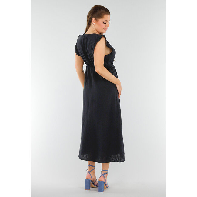 Schwarzes Midikleid in Leinenoptik mit V-Ausschnitt und gerüschten Ärmeln