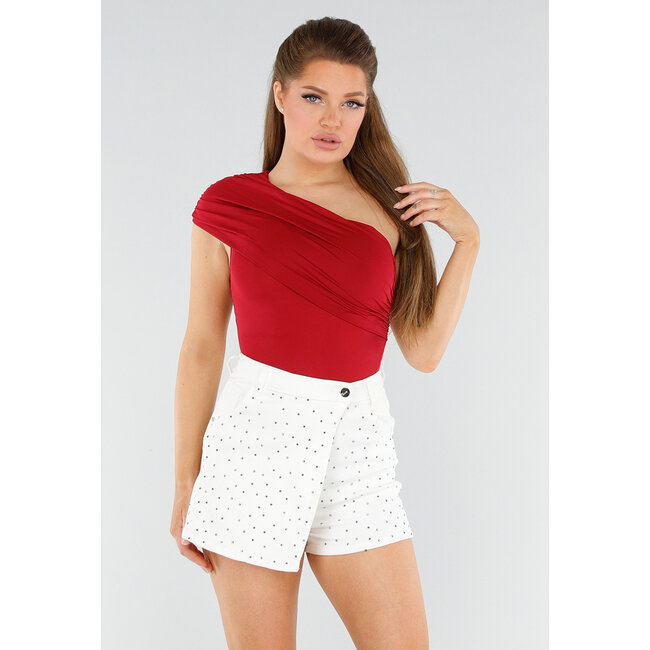 Rotes One-Shoulder-Top mit Falten und Stretch