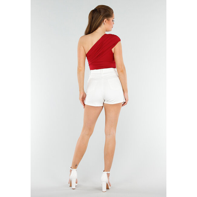 Rotes One-Shoulder-Top mit Falten und Stretch