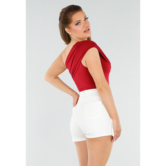 Rotes One-Shoulder-Top mit Falten und Stretch